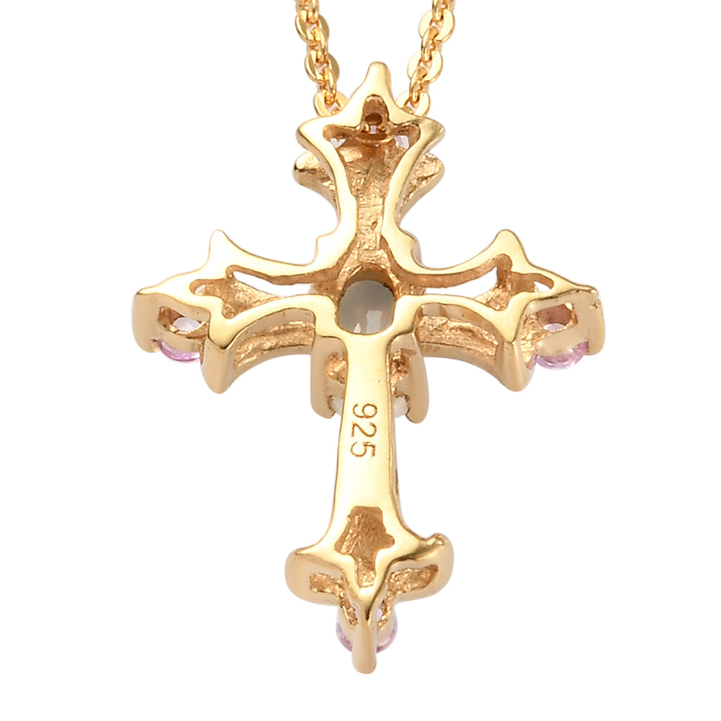 Natürlicher Äthiopischer Opal und Rosa Saphir Kreuz Anhänger mit Silberkette 50 cm 925 Silber vergoldet ca. 0,26 ct