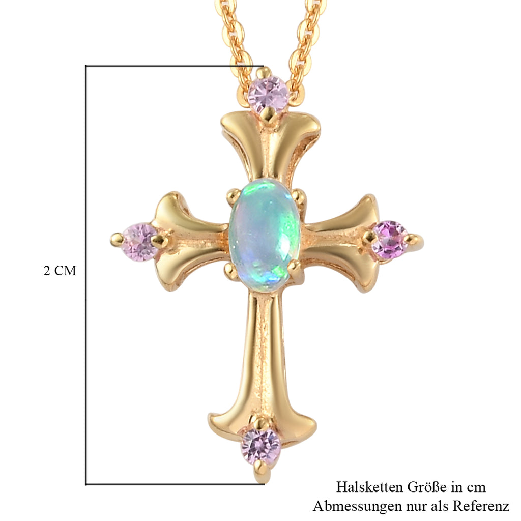 Natürlicher Äthiopischer Opal und Rosa Saphir Kreuz Anhänger mit Silberkette 50 cm 925 Silber vergoldet ca. 0,26 ct