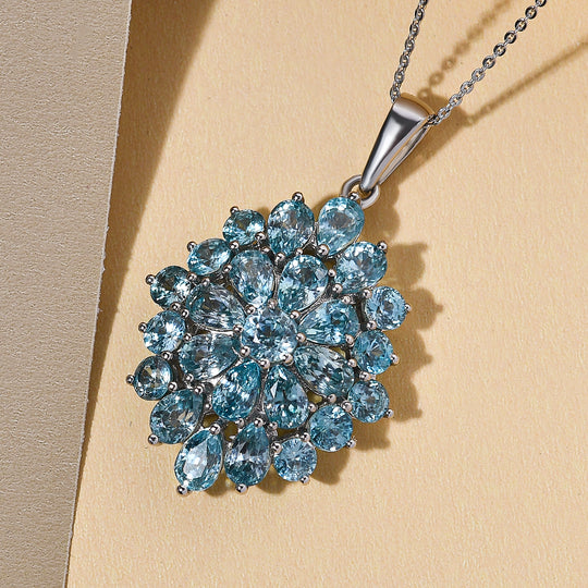 Kambodschanischer, blauer Zirkon-Anhänger mit Kette, 50 cm, 925 Silber platiniert ca. 14,43 ct