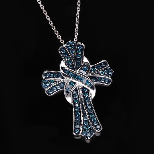 Blauer Diamant-Kreuz-Anhänger mit Kette, ca. 40+5 cm, 925 Silber platiniert ca. 0.50 ct