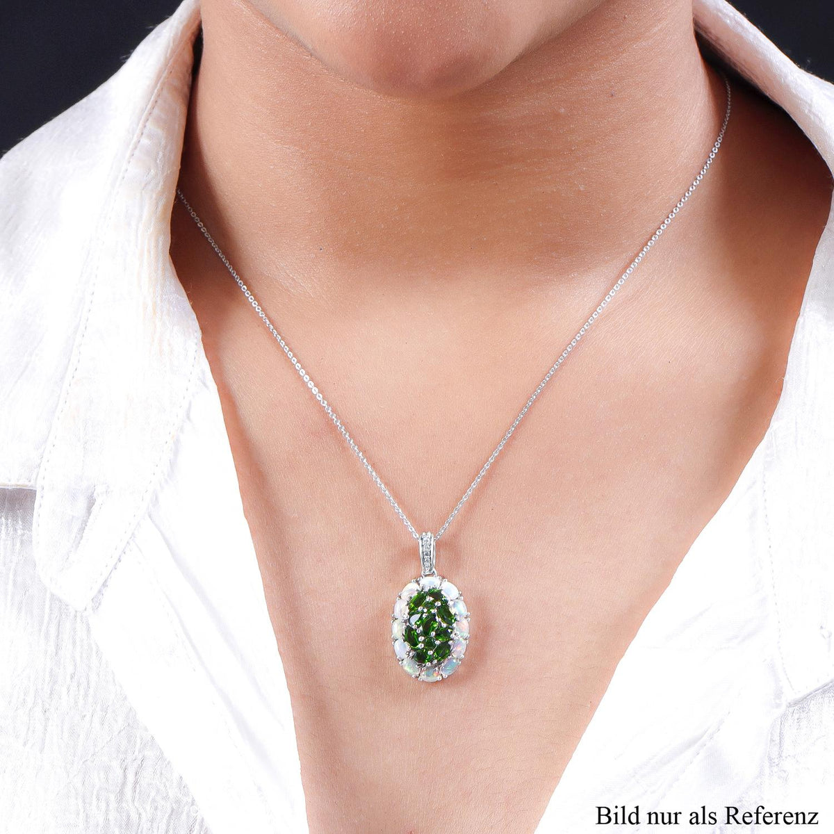 Natürlicher Chromdiopsid und Opal-Anhänger mit Kette, 925 Silber platiniert ca. 3.40 ct