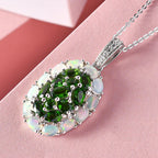 Natürlicher Chromdiopsid und Opal-Anhänger mit Kette, 925 Silber platiniert ca. 3.40 ct