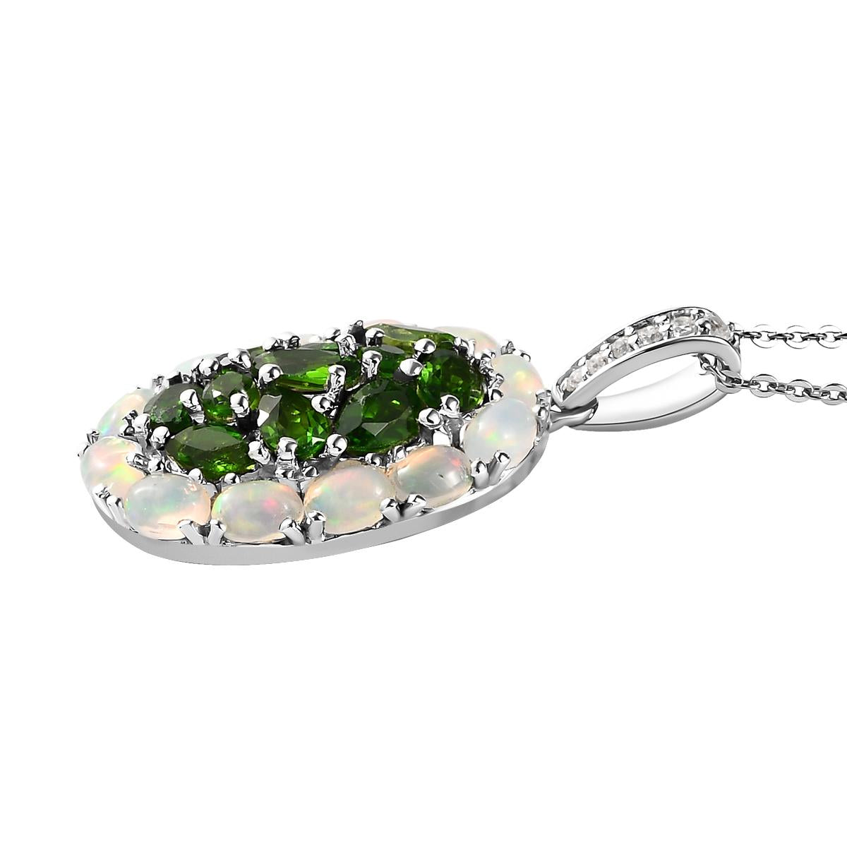 Natürlicher Chromdiopsid und Opal-Anhänger mit Kette, 925 Silber platiniert ca. 3.40 ct