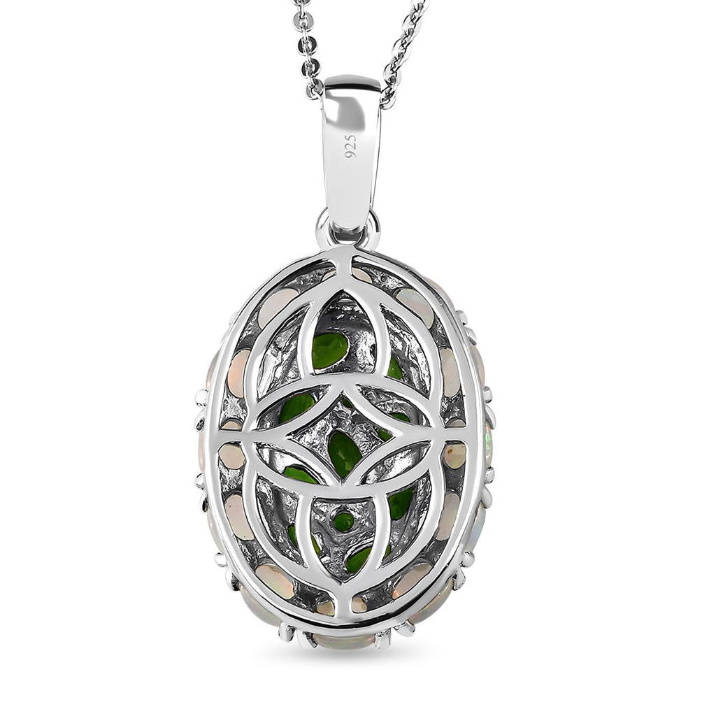 Natürlicher Chromdiopsid und Opal-Anhänger mit Kette, 925 Silber platiniert ca. 3.40 ct
