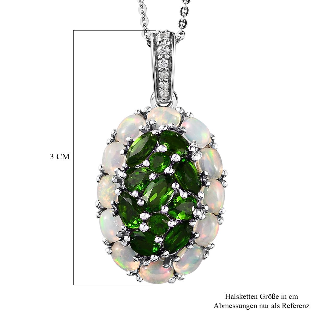 Natürlicher Chromdiopsid und Opal-Anhänger mit Kette, 925 Silber platiniert ca. 3.40 ct