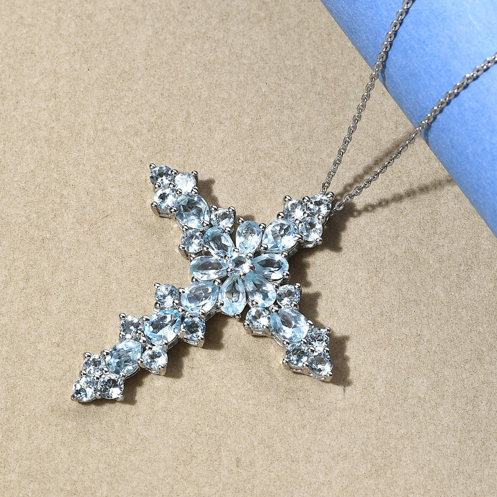 Himmelblauer Topas Kreuz-Anhänger mit Kette, ca. 5,93 ct