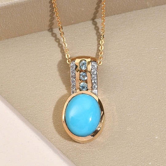 Amerikanischer, natürlicher Sleeping Beauty Türkis und schweizer Blautopas-Anhänger mit Kette, 925 Silber Gelbgold Vermeil ca. 3.42 ct