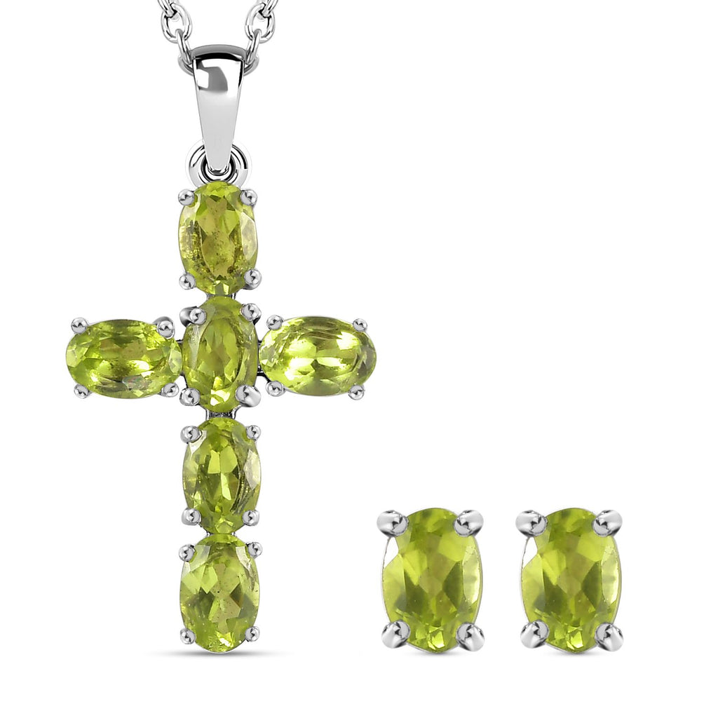 Natürlicher Peridot Kreuz-Anhänger und Ohrringe, Edelstahl ca. 3,94 ct