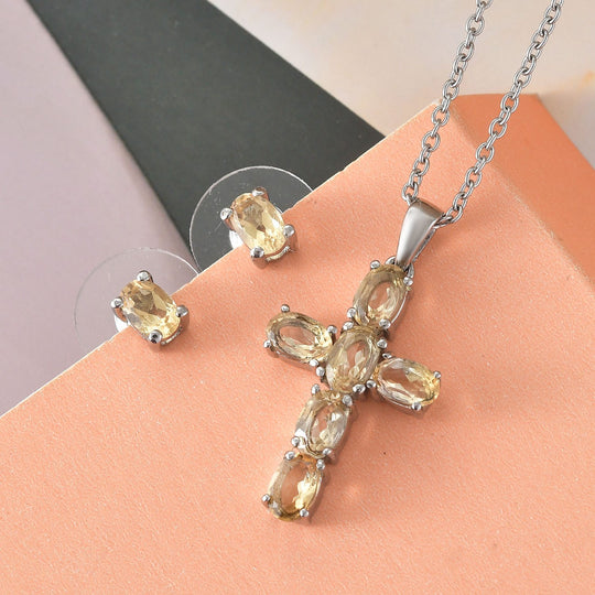 Citrin Kreuz-Anhänger und Ohrringe, Edelstahl ca. 3,76 ct