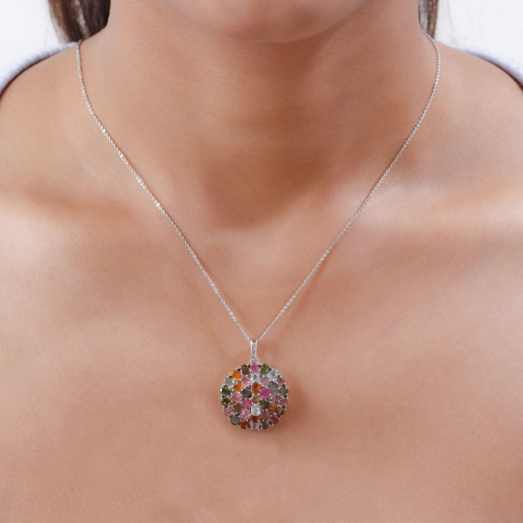Natürlicher Mehrfarbiger-Turmalin-Anhänger mit Kette, 925 Silber platiniert ca. 6.12 ct