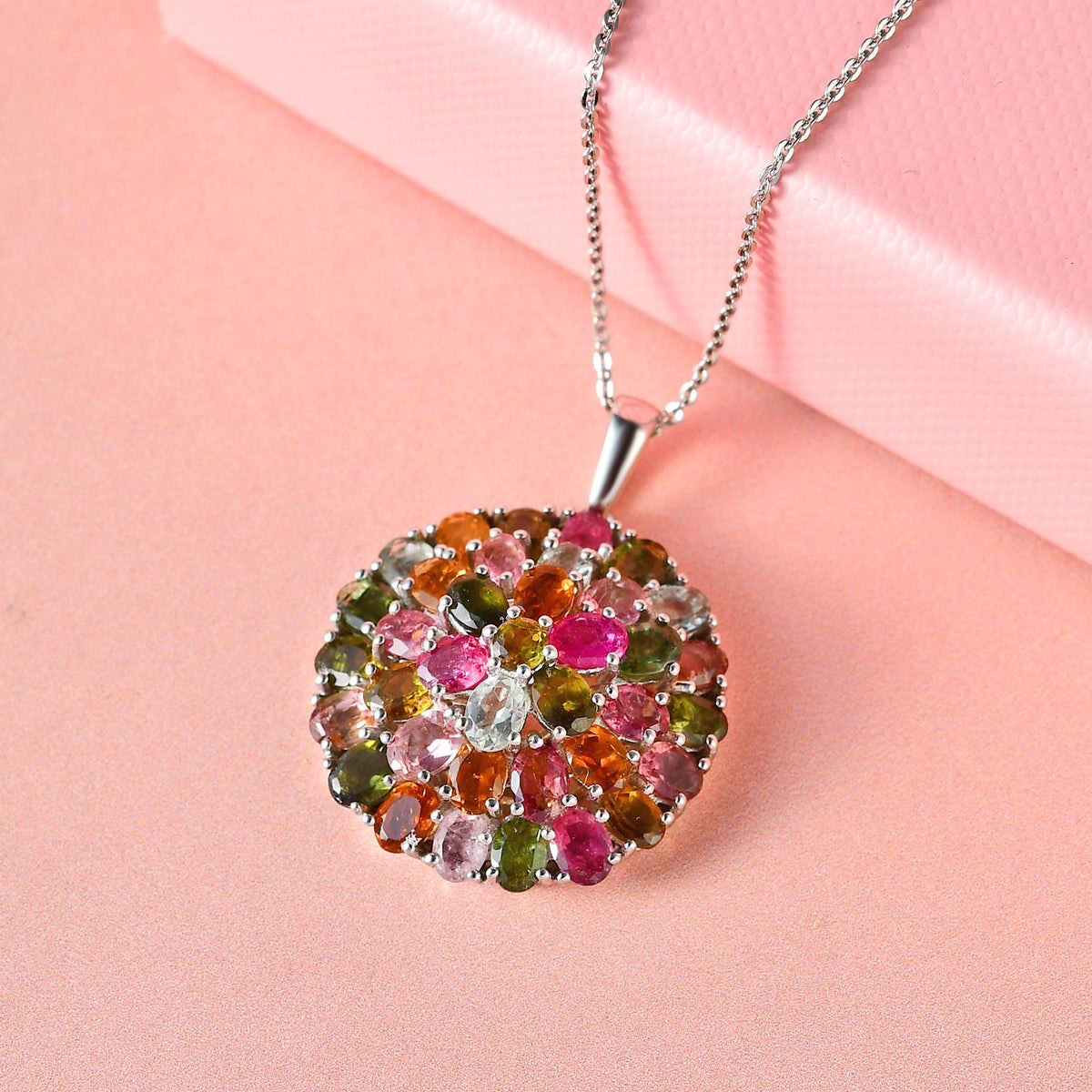 Natürlicher Mehrfarbiger-Turmalin-Anhänger mit Kette, 925 Silber platiniert ca. 6.12 ct