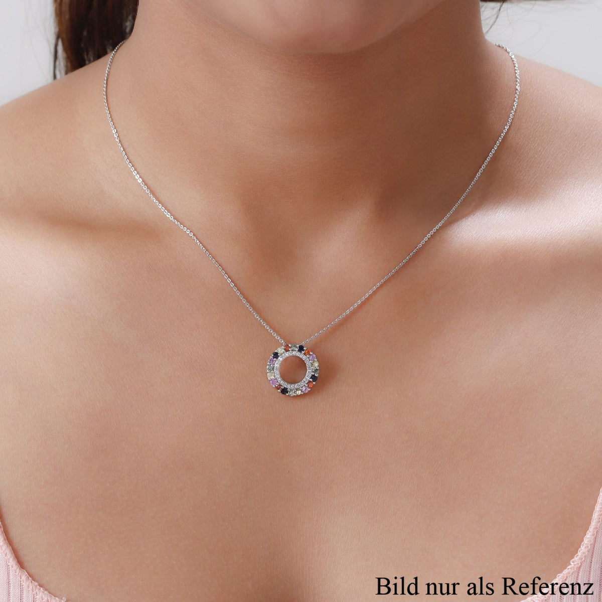 Mehrfarbiger Saphir und weißer Zirkon-Anhänger mit Kette, 925 Silber platiniert ca. 1,14 ct