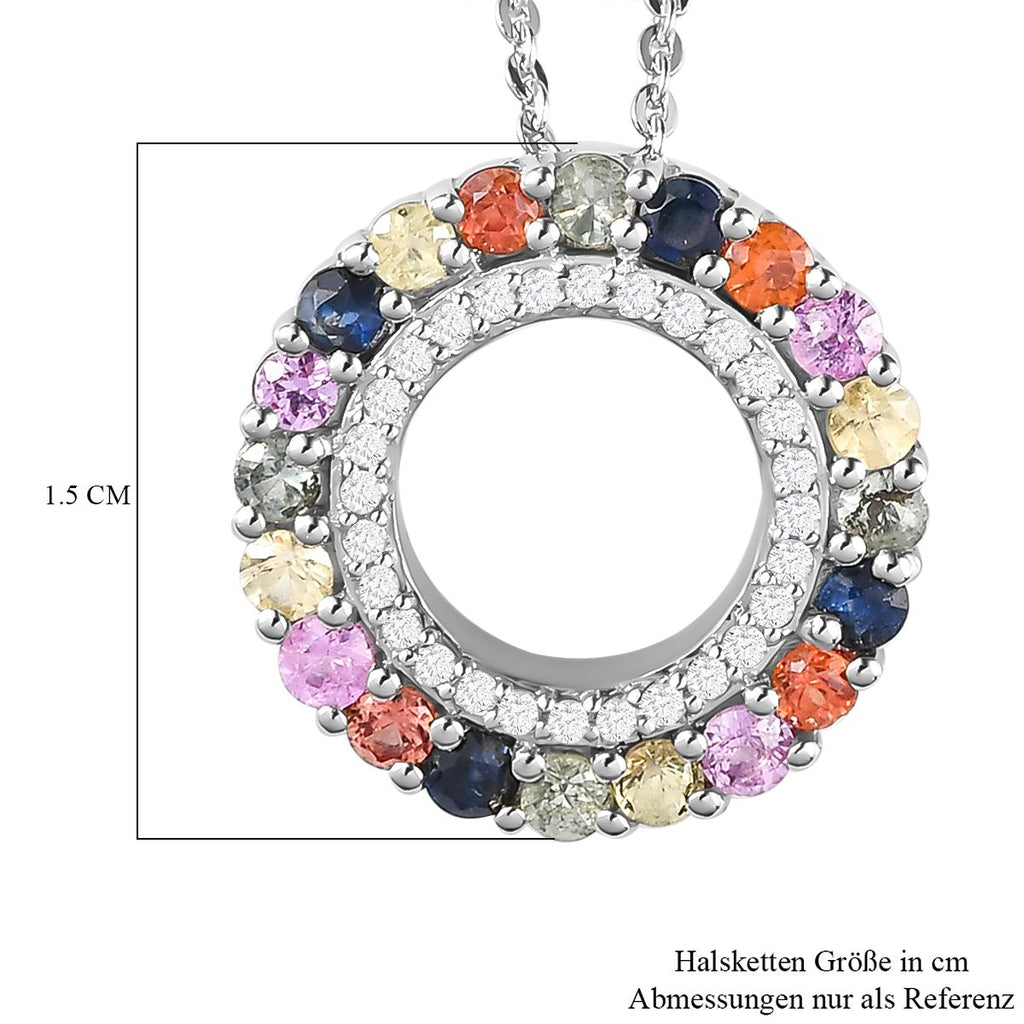 Mehrfarbiger Saphir und weißer Zirkon-Anhänger mit Kette, 925 Silber platiniert ca. 1,14 ct
