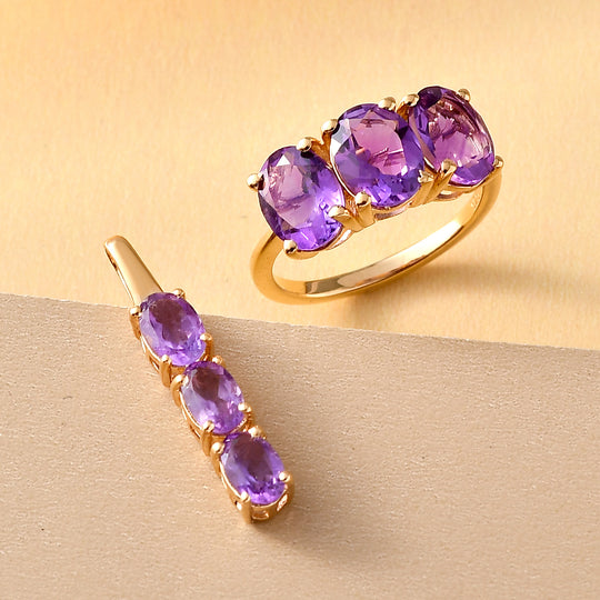2er-Set afrikanischer Amethyst-Ring und Anhänger, 925 Silber vergoldet ca. 4.64 ct