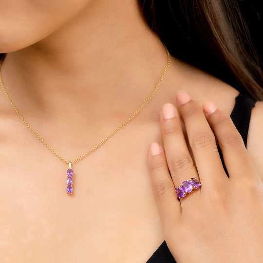 2er-Set afrikanischer Amethyst-Ring und Anhänger, 925 Silber vergoldet ca. 4.64 ct