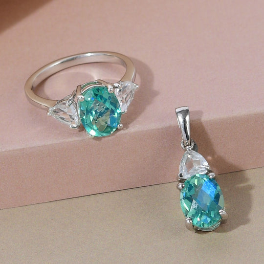 Pfau Triplett Quarz-Ring und Anhänger, 925 Silber platiniert ca. 5,54 ct