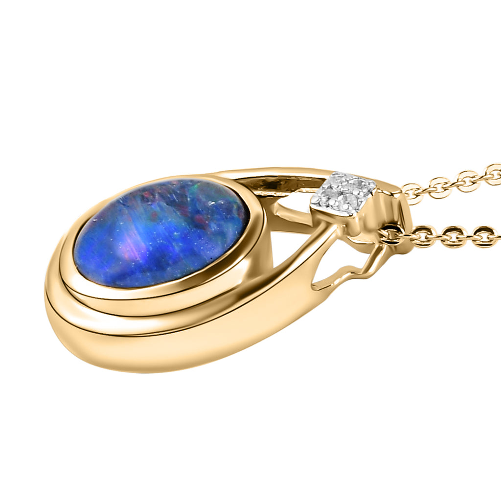 Boulder Opal Triplette und weißer Zirkon-Anhänger mit Kette, 925 Silber vergoldet ca. 1.42 ct