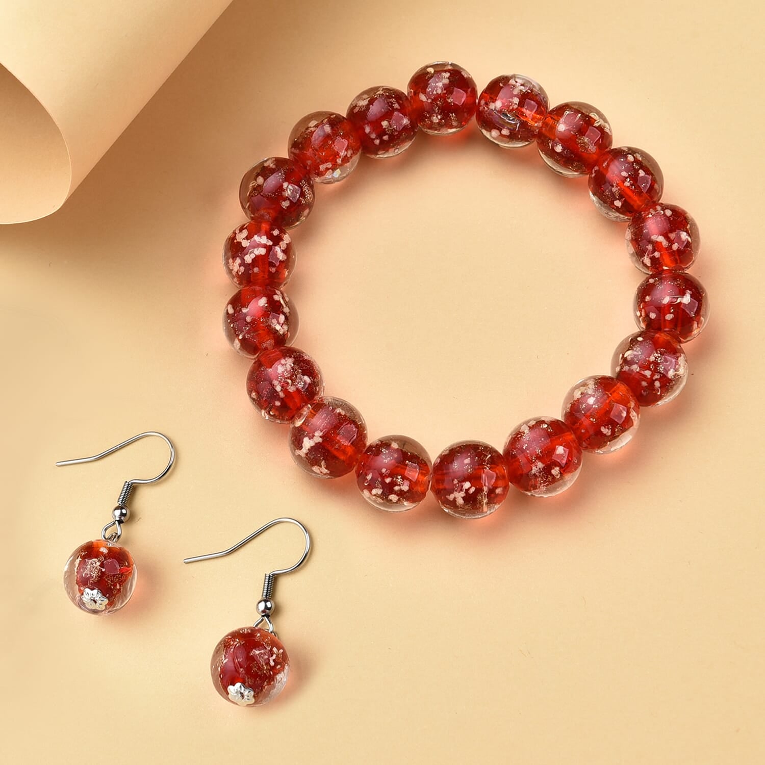 2er Set - Murano-Glasperlen Design, flexibles Armband und Ohrringe, Reiner Edelstahl, Rot