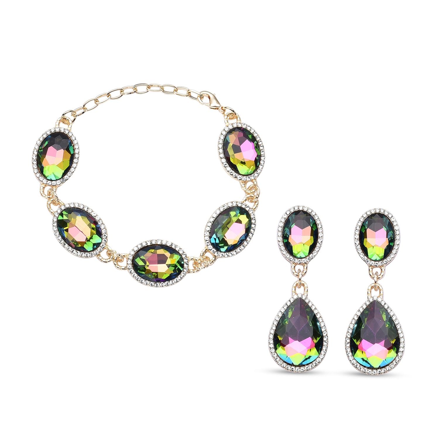 Grünes Glaskristall Armband und Ohringe, goldfarben