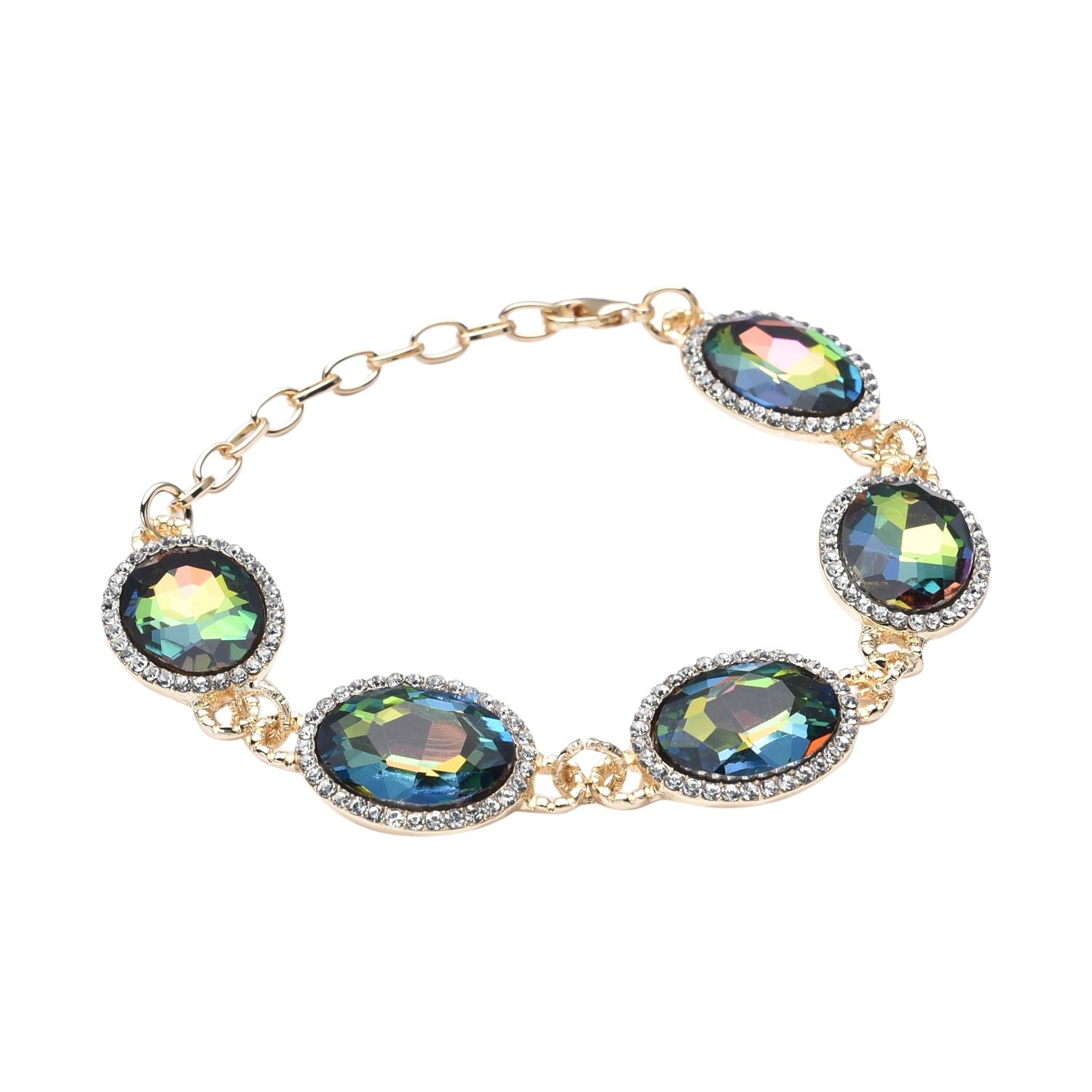 Grünes Glaskristall Armband und Ohringe, goldfarben