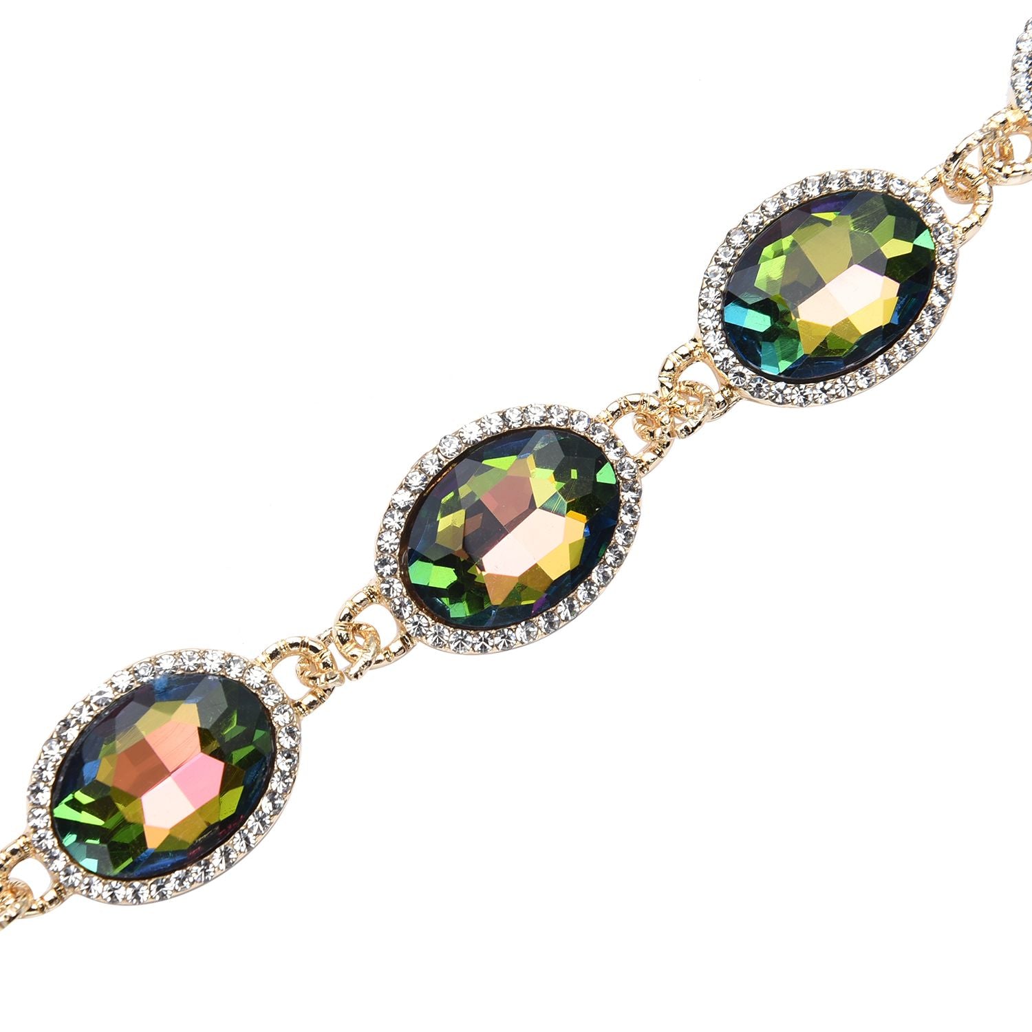 Grünes Glaskristall Armband und Ohringe, goldfarben