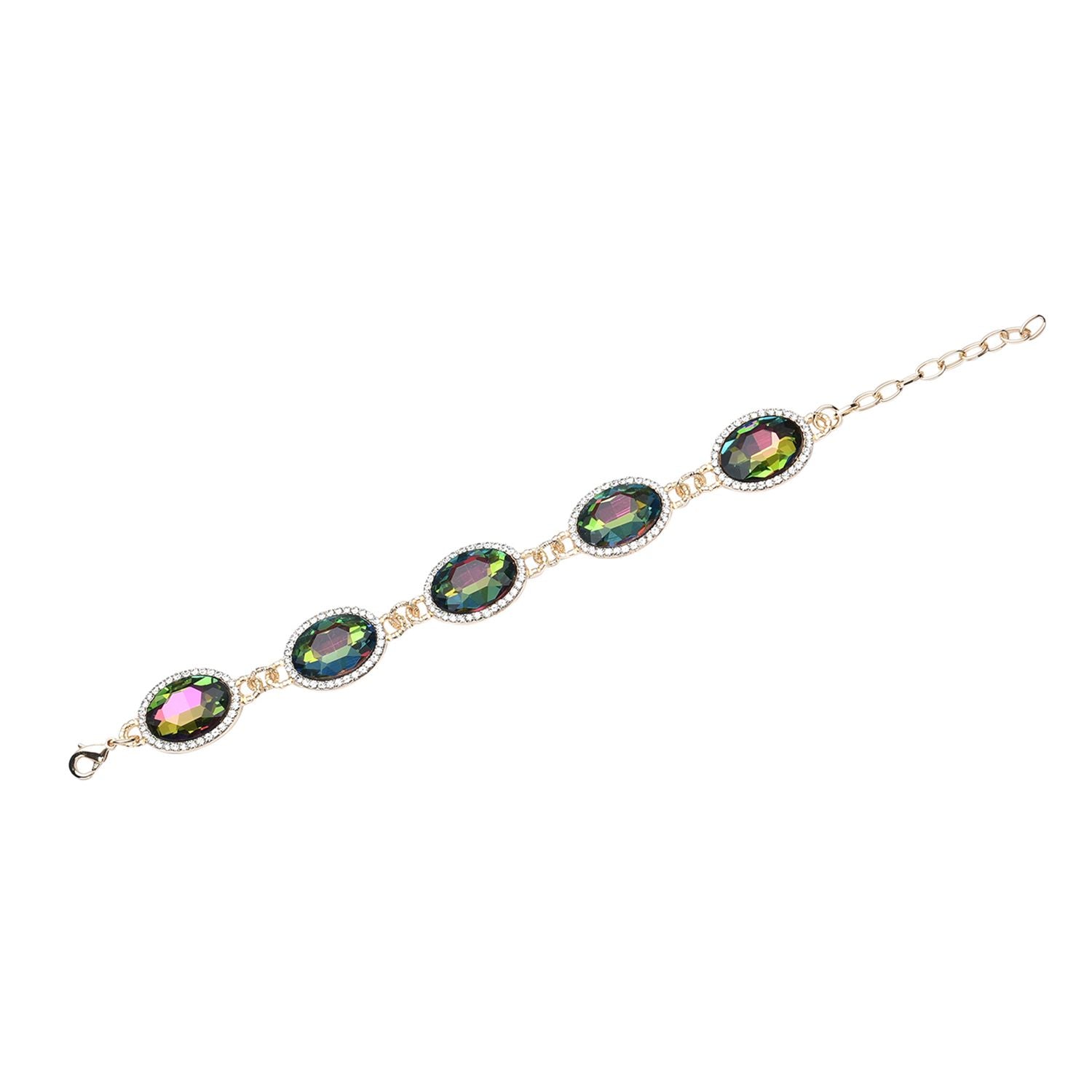 Grünes Glaskristall Armband und Ohringe, goldfarben