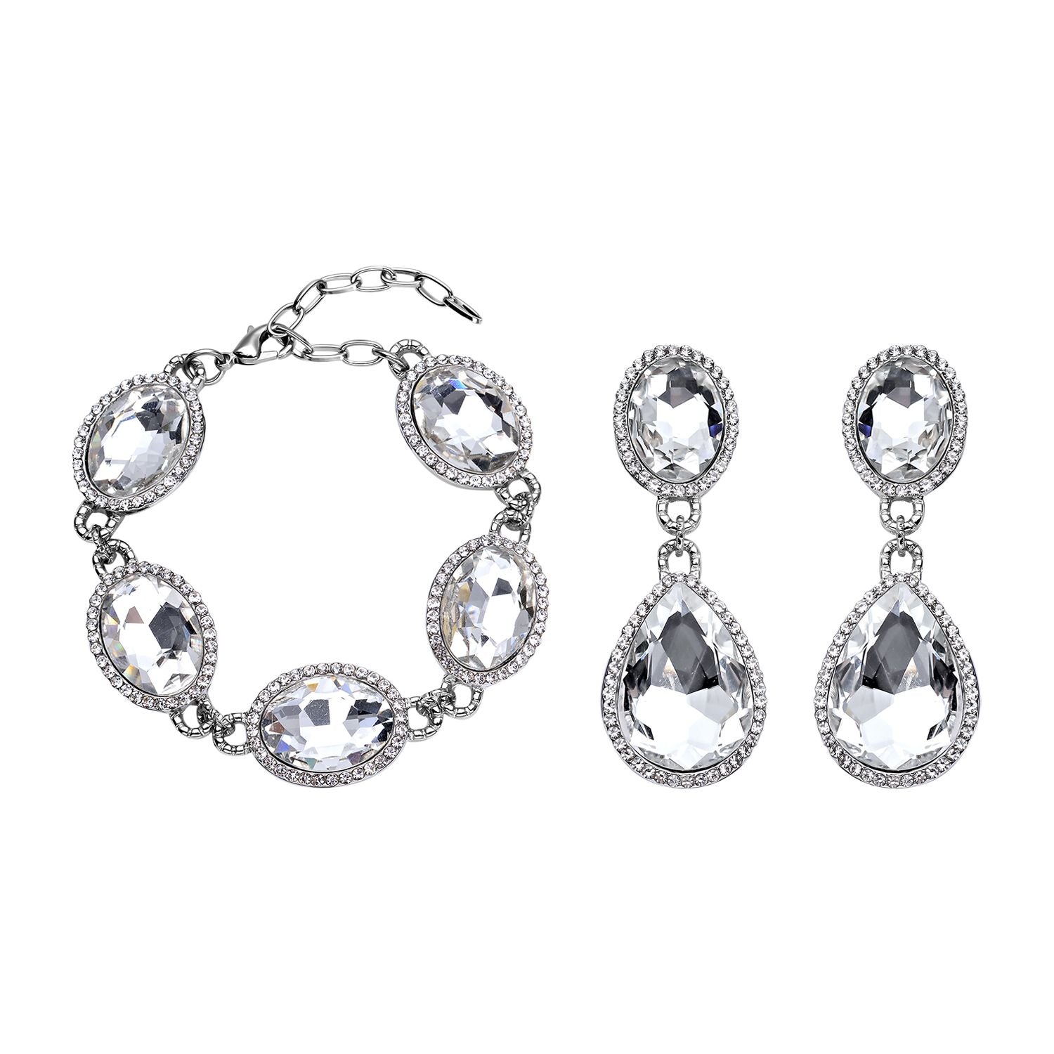 2er Set, Weißes Glaskristall Armband und Ohrringe, silberfarben 132.80 ct