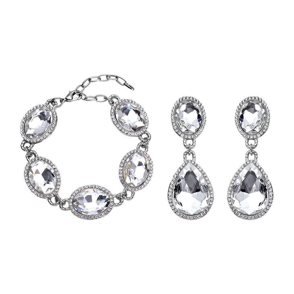 2er Set, Weißes Glaskristall Armband und Ohrringe, silberfarben 132.80 ct