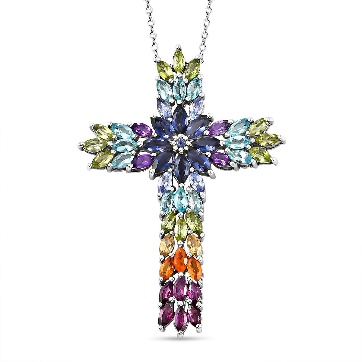 Mehrfarbiger Edelstein Kreuz-Anhänger mit Kette, 925 Silber platiniert ca. 7.89 ct