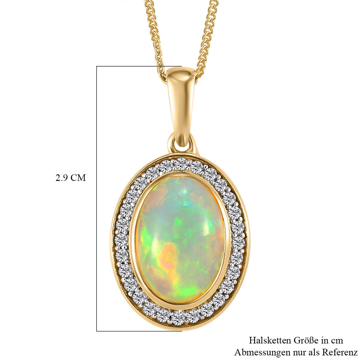 Natürlicher, äthiopischer Welo Opal und weißer Zirkon-Anhänger mit Kette, 925 Silber vergoldet ca. 3,71 ct