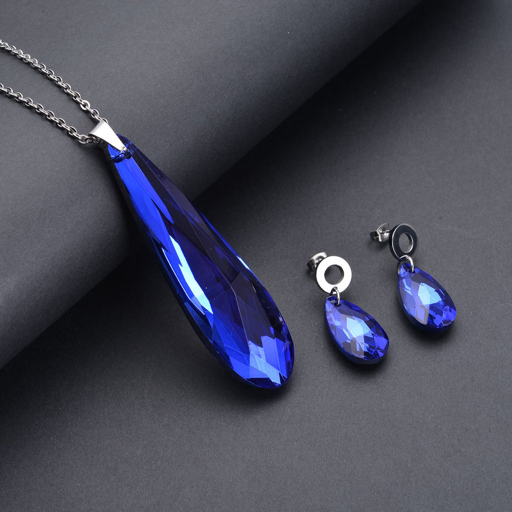 Blaue Glas-Ohrringe und Anhänger mit Kette, 316L Edelstahl