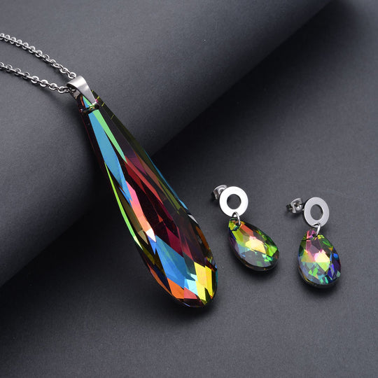 Mehrfarbige Glas-Ohrringe und Anhänger mit Kette, reiner Edelstahl