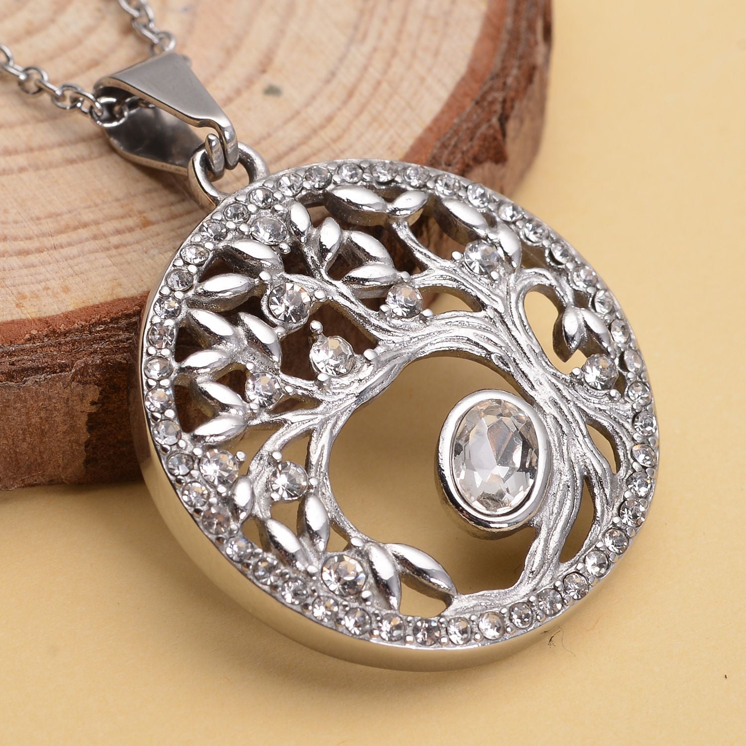 Weißer Kristall Lebensbaum -Anhänger mit Kette, 316L Edelstahl