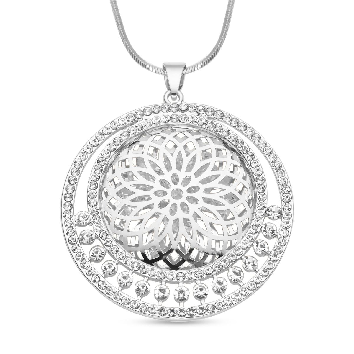 Weißer Kristall Mandala-Anhänger mit Kette, silberfarben