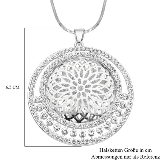 Weißer Kristall Mandala-Anhänger mit Kette, silberfarben