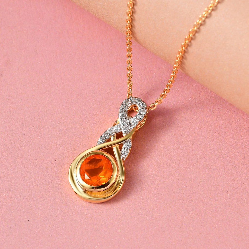 Salamanca Feueropal und weißer Zirkon-Anhänger mit Kette, 925 Silber vergoldet ca. 0,75 ct