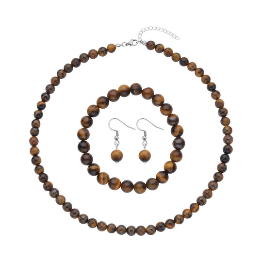 3er Set - Gelbe Tigerauge Halskette, Armband und Ohrringe, 316L Edelstahl ca. 323.50 ct