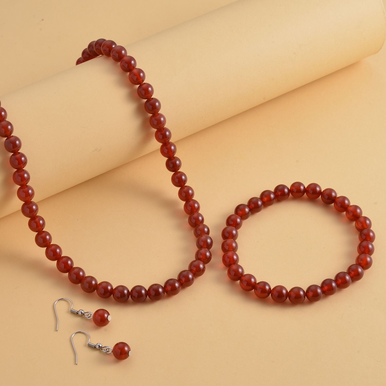 3er Set - Rote Achat Halskette, Armband und Ohrringe, 316L Edelstahl ca. 323.50 ct