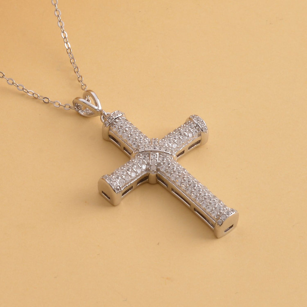 Weißer Zirkon Kreuz-Anhänger mit Kette, 925 Silber rhodiniert ca. 0.51 ct