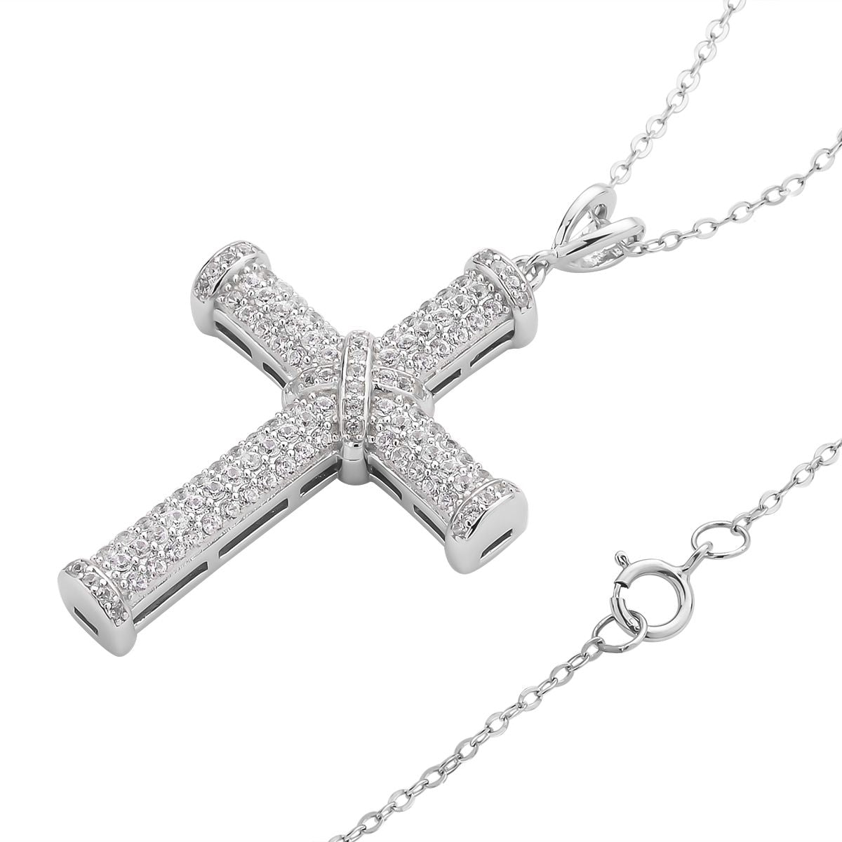 Weißer Zirkon Kreuz-Anhänger mit Kette, 925 Silber rhodiniert ca. 0.51 ct