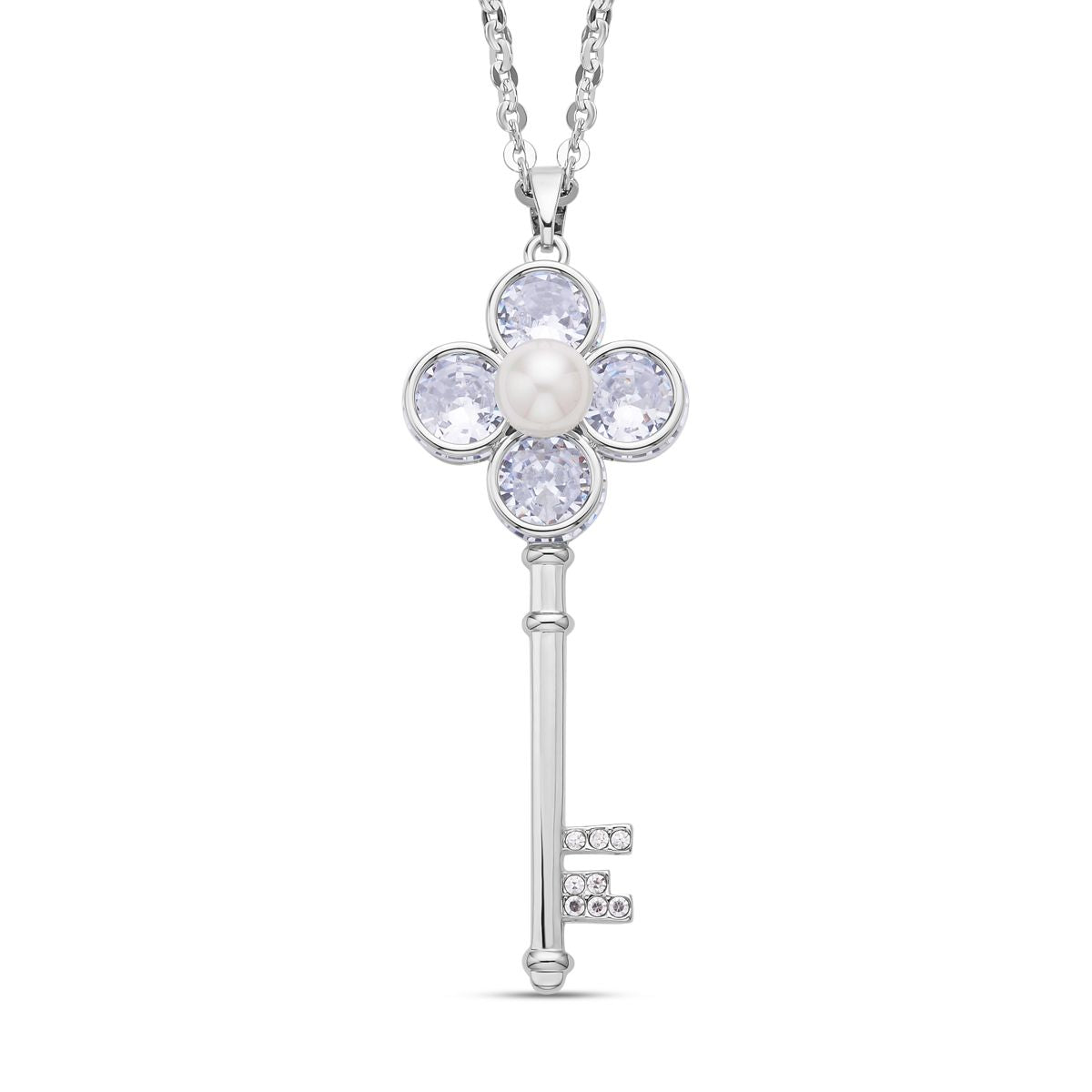 Weißer Zirkonia und weißer Kristall Schlüssel-Anhänger mit Kette, ca. 4.30 ct