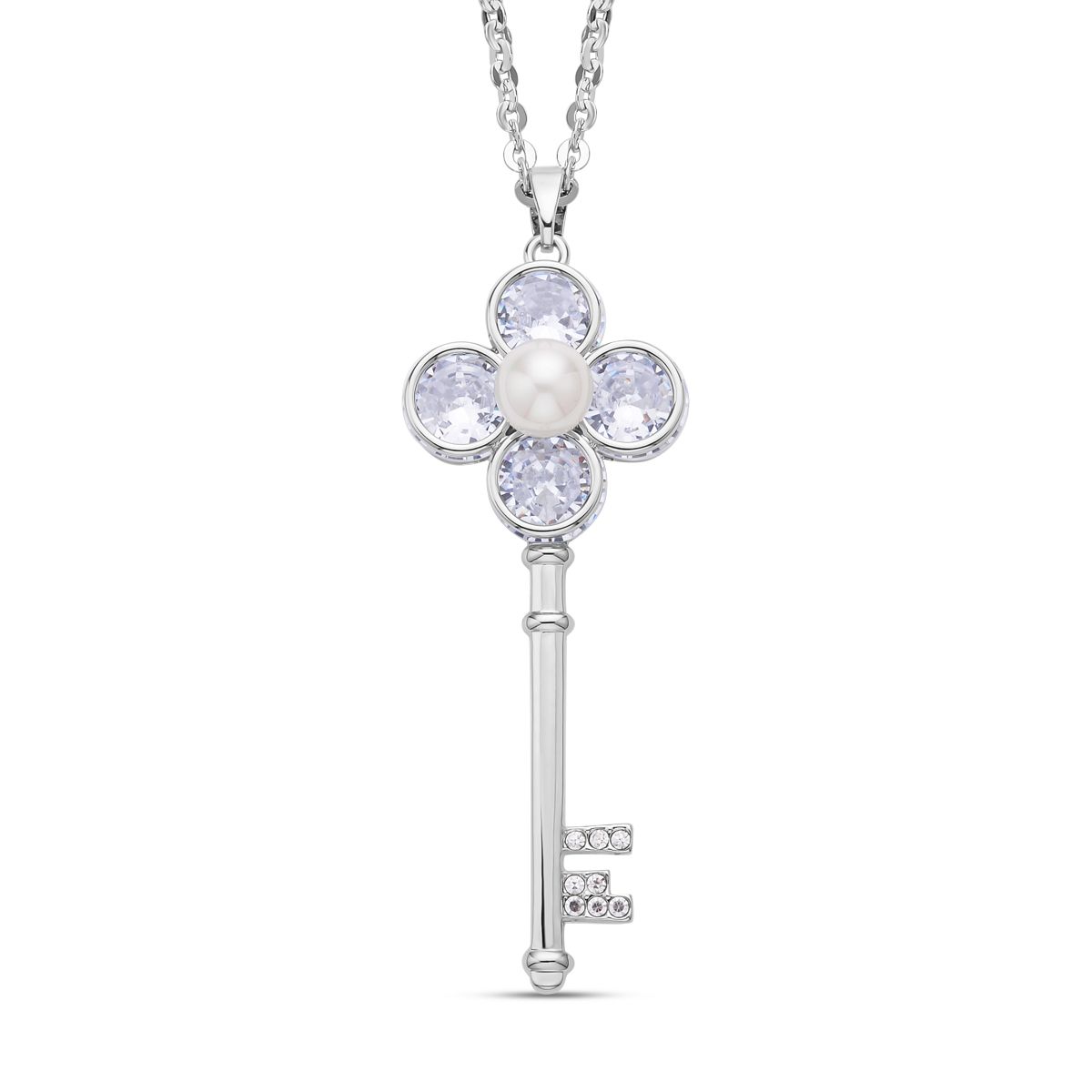 Weißer Zirkonia und weißer Kristall Schlüssel-Anhänger mit Kette, ca. 4.30 ct