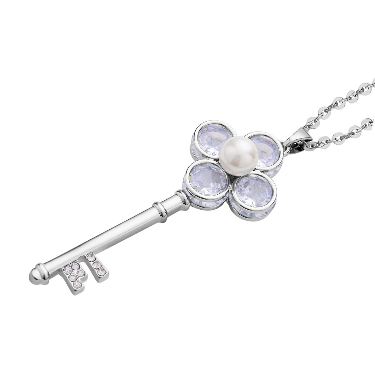 Weißer Zirkonia und weißer Kristall Schlüssel-Anhänger mit Kette, ca. 4.30 ct