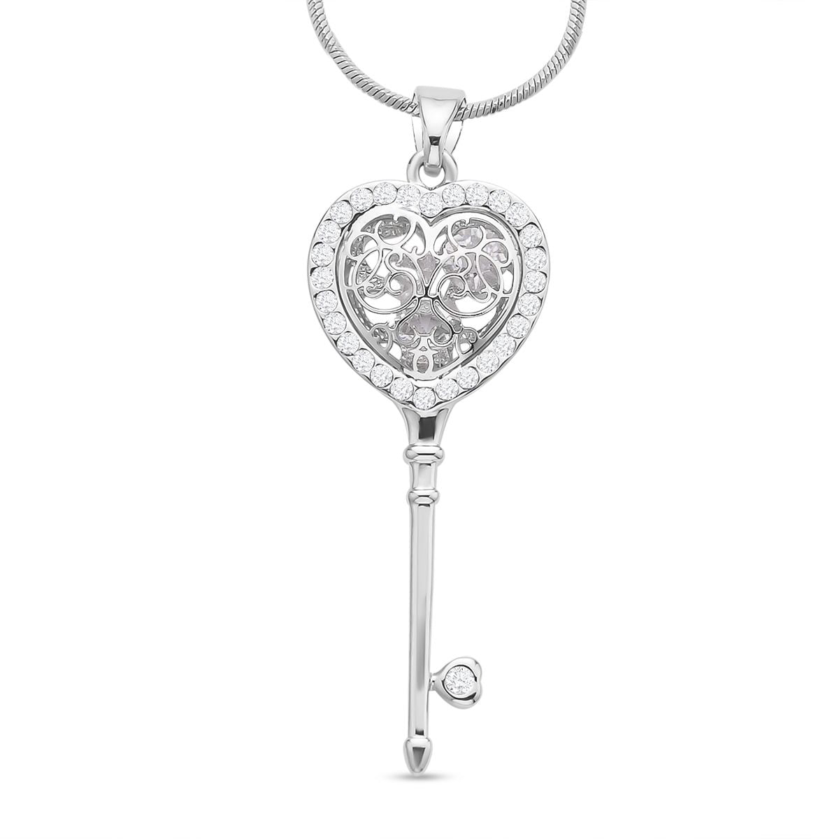 Weißer Zirkonia und weißer Kristall Schlüssel-Anhänger mit Kette, Silberfarben