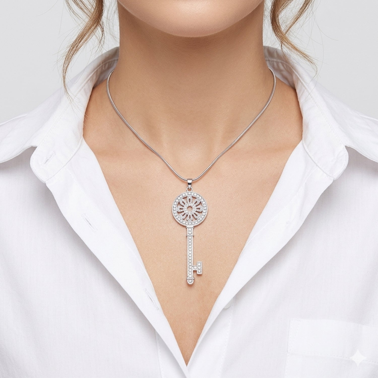 Zirkonia Schlüssel-Anhänger mit Kette, silberfarben