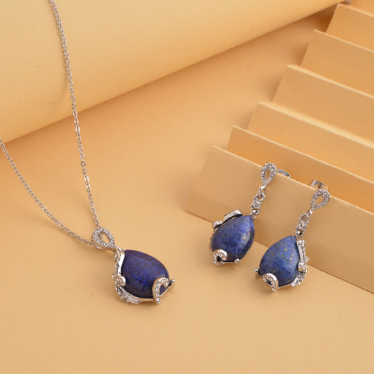 2er Set, Lapislazuli Ohrringe und Anhänger mit Kette, ca. 14.00 ct