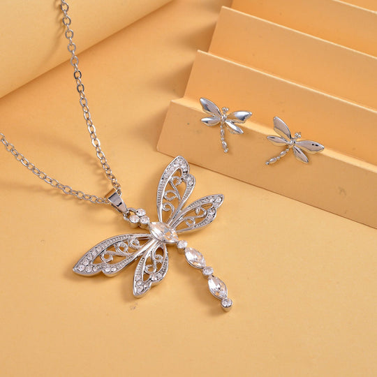 2er Set - Libelle Kristall-Anhänger mit Kette und Ohrringen, silberfarben