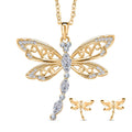 Libelle Kristall-Anhänger mit Kette und Ohrringe in Goldton - 3 ct.