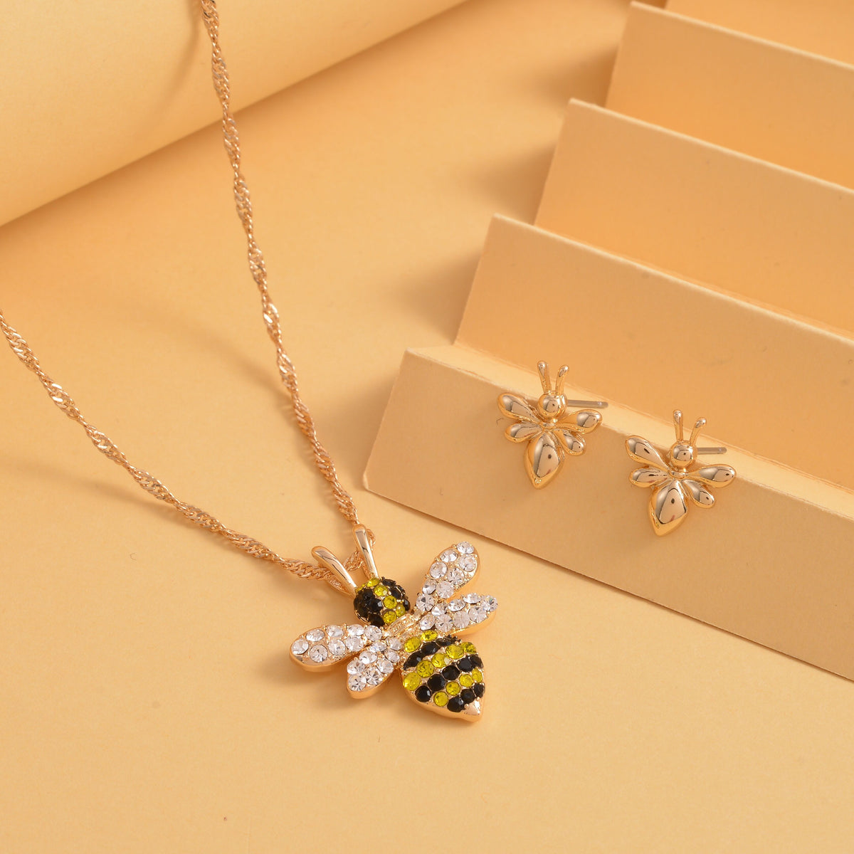 Mehrfarbige Kristall Bienen-Kette und Ohrringe, goldfarben