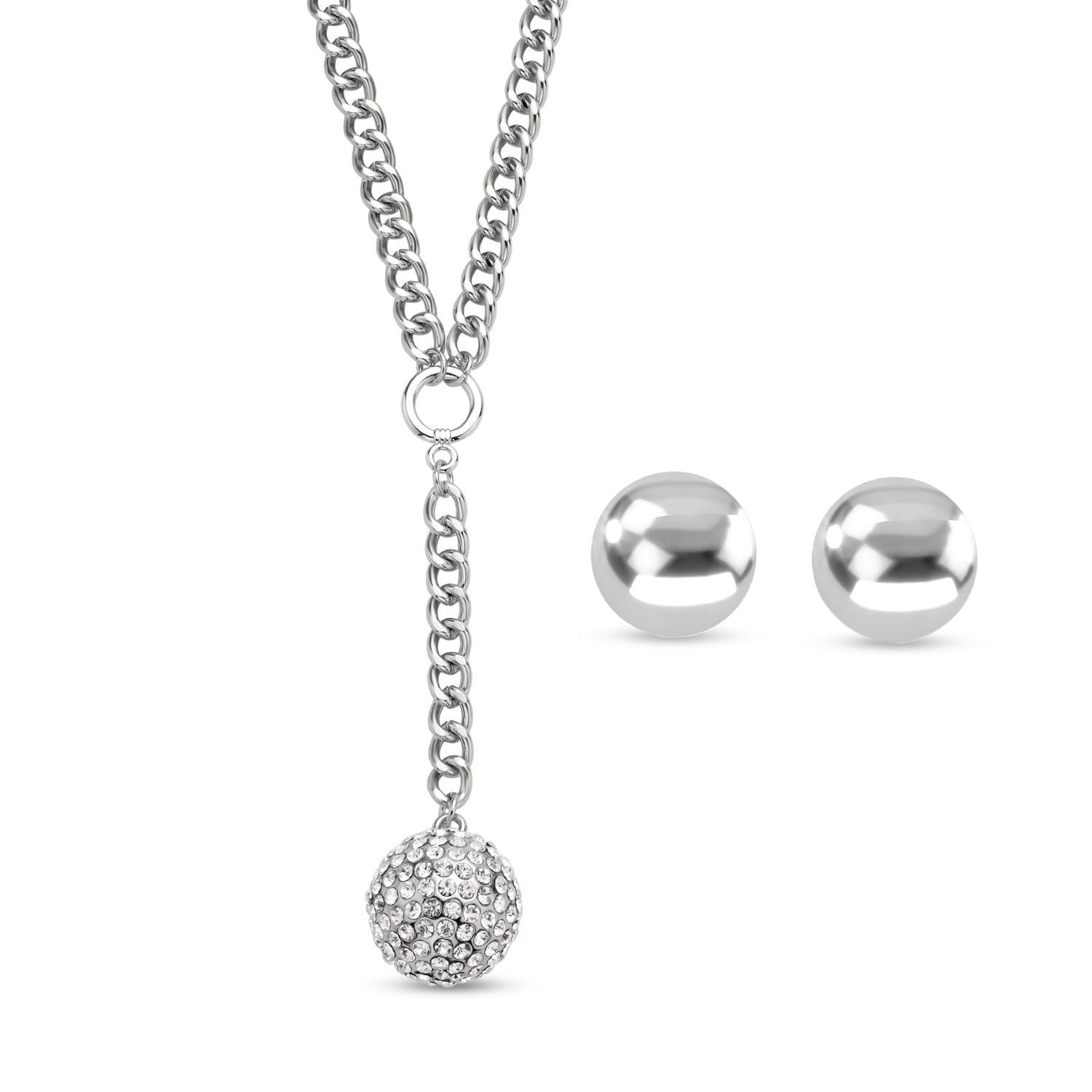 2er Set - Weißes Kristall-Collier und Ohrstecker, ca. 50 cm, silberfarben